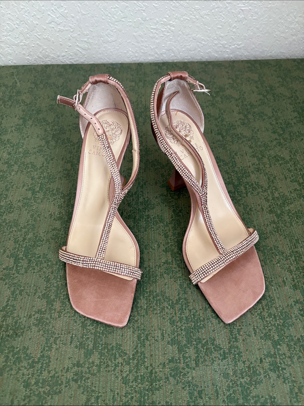 Vince Camuto Blush Pink Suede T-Strap Rhinestone Heels
